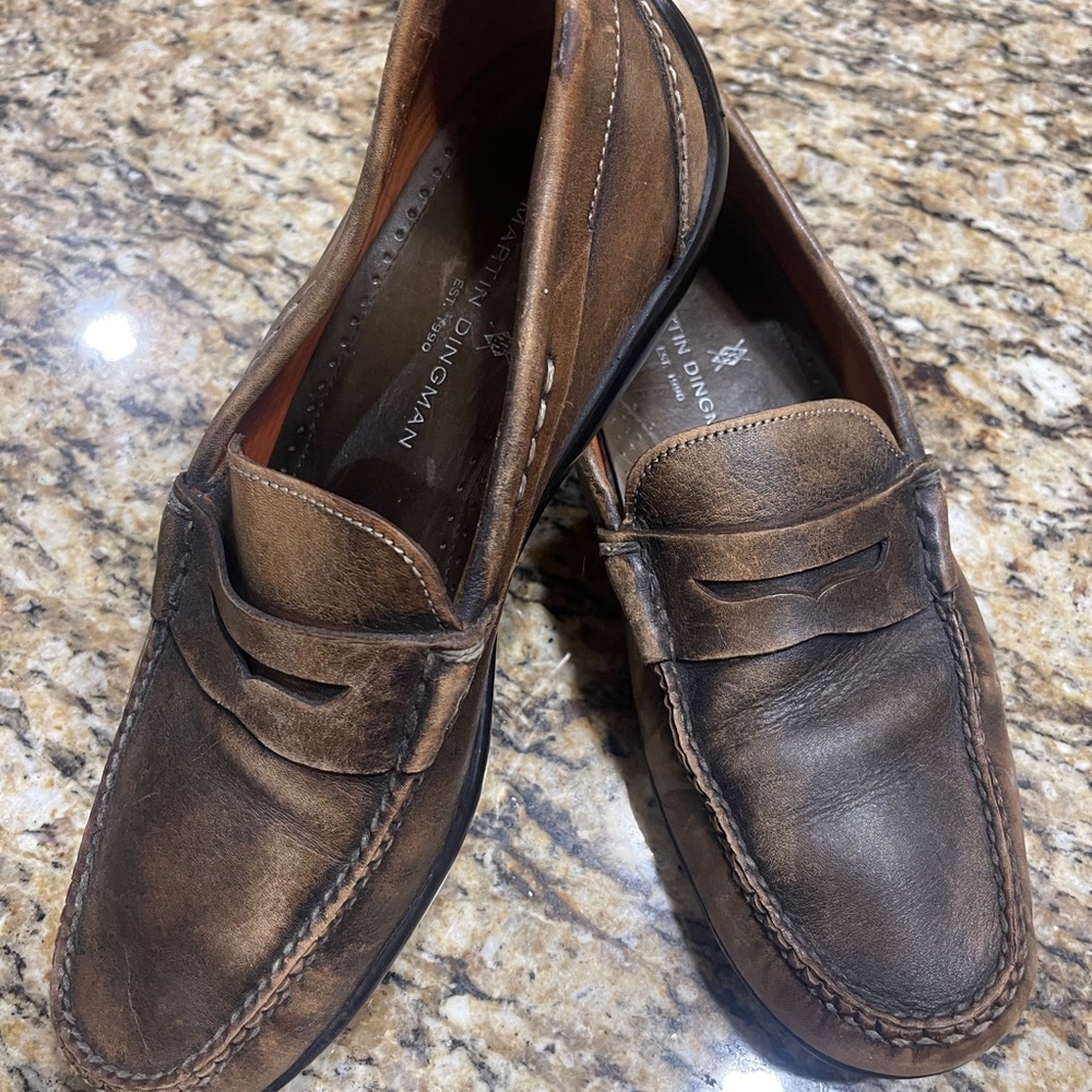 Martin Dingman Bill Water Buffalo Penny Loafers Distressed Brown Leather 9 1/2